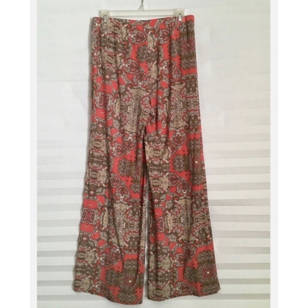Chicos Women Wide Leg Pants Size 2 Pink Mandala Paisley Elastic Waist Pull On